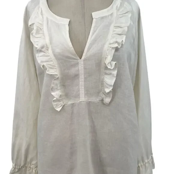 Wrap‎ London Peasant Top Blouse Long Sleeve Ruffle Linen White Size US 12 - Picture 3 of 11